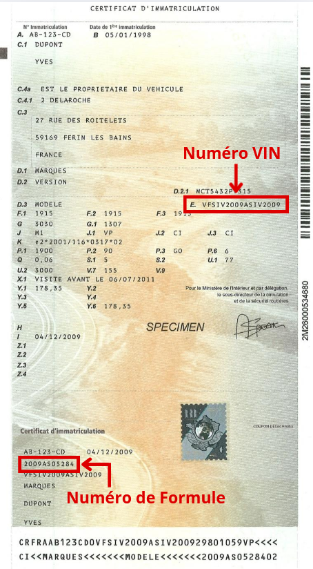 Information sur le VIN